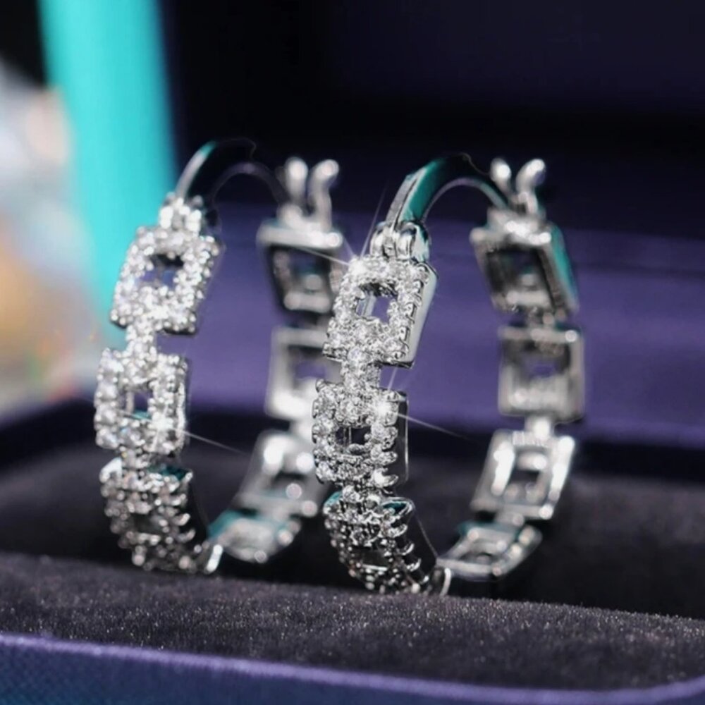 Silver Plated Hoop Earrings With Cubic Zirconia Unisex Hip Hop Jewelry For Wome